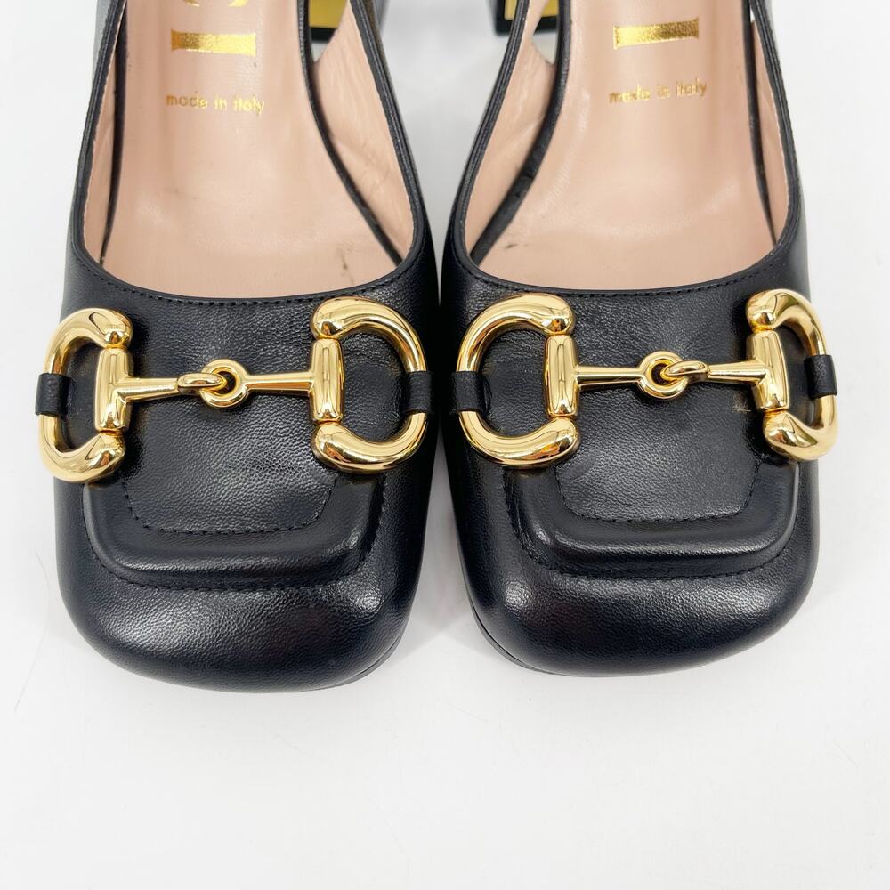 Gucci Black Leather Baby Horsebit Square Toe Block Heel Slingback Pumps EU 37 - Picture 7 of 12